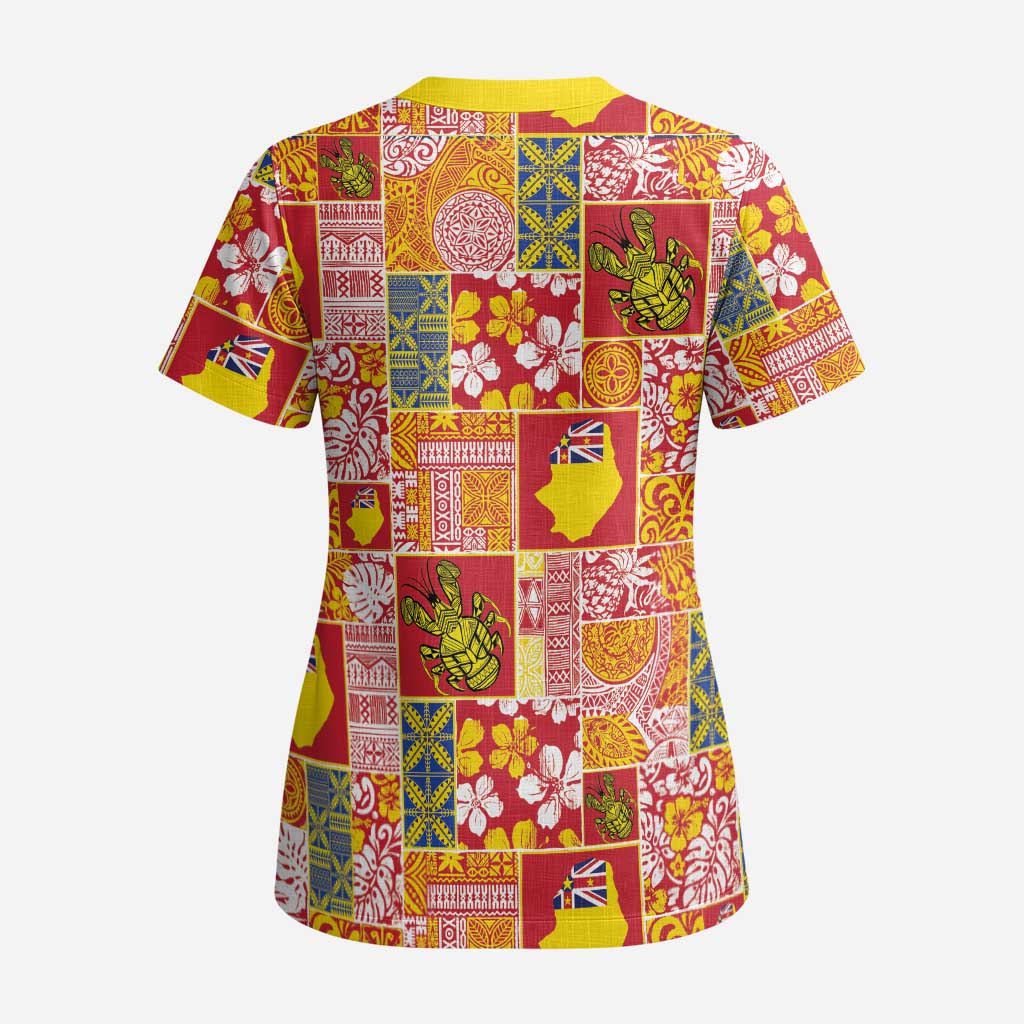 Niue Monuina e Kilisimasi Scrub Top Pacific Patchwork Xmas Vibes LT9 - Polynesian Pride
