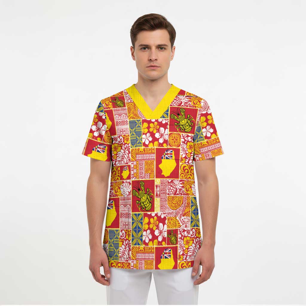 Niue Monuina e Kilisimasi Scrub Top Pacific Patchwork Xmas Vibes LT9 - Polynesian Pride