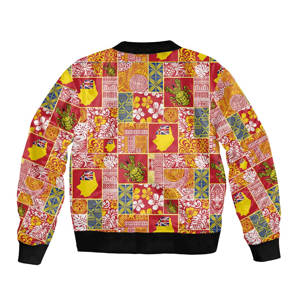 Niue Monuina e Kilisimasi Sleeve Zip Bomber Jacket Pacific Patchwork Xmas Vibes - Polynesian Pride