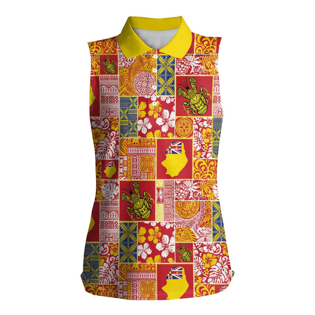 Niue Monuina e Kilisimasi Women Sleeveless Polo Shirt Pacific Patchwork Xmas Vibes LT9 Female Yellow - Polynesian Pride