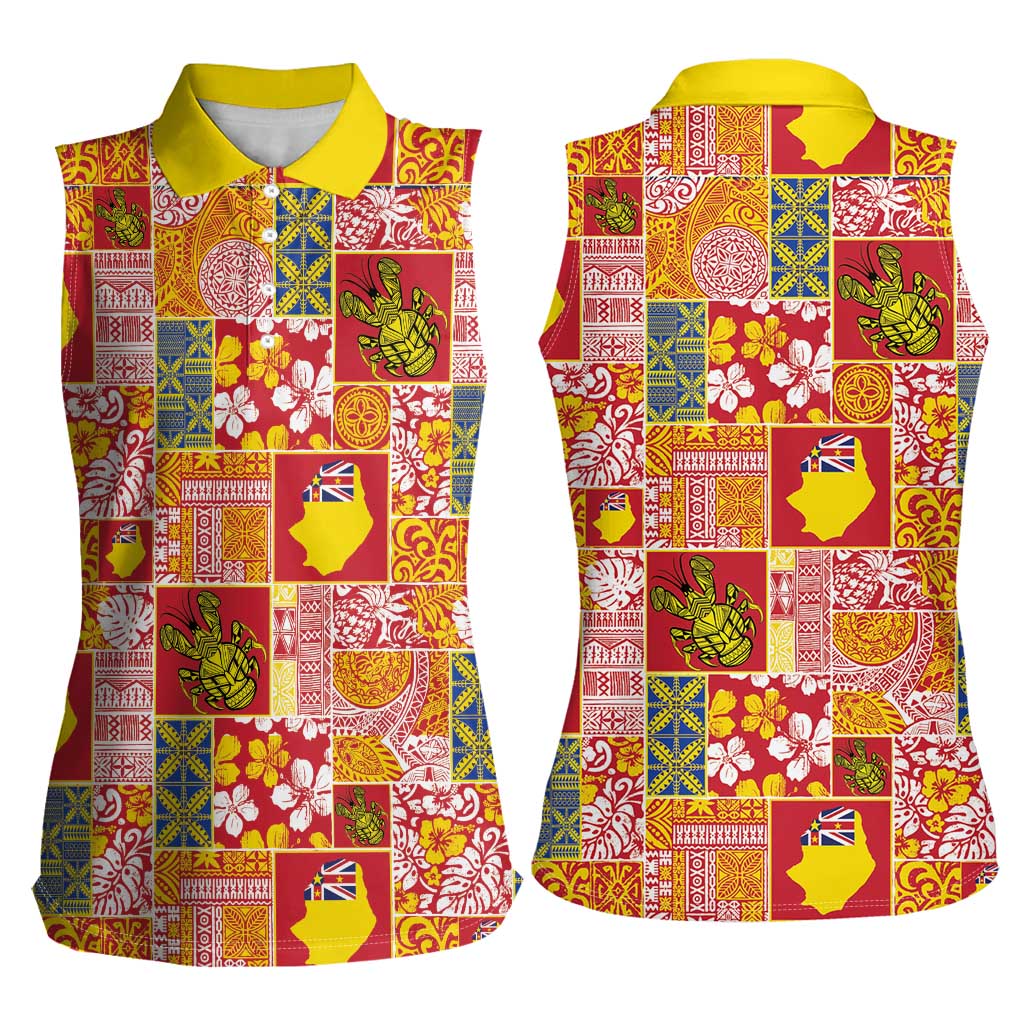 Niue Monuina e Kilisimasi Women Sleeveless Polo Shirt Pacific Patchwork Xmas Vibes LT9 - Polynesian Pride