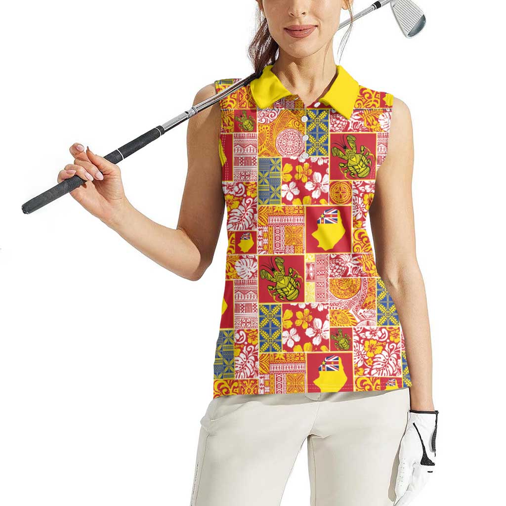 Niue Monuina e Kilisimasi Women Sleeveless Polo Shirt Pacific Patchwork Xmas Vibes LT9 - Polynesian Pride
