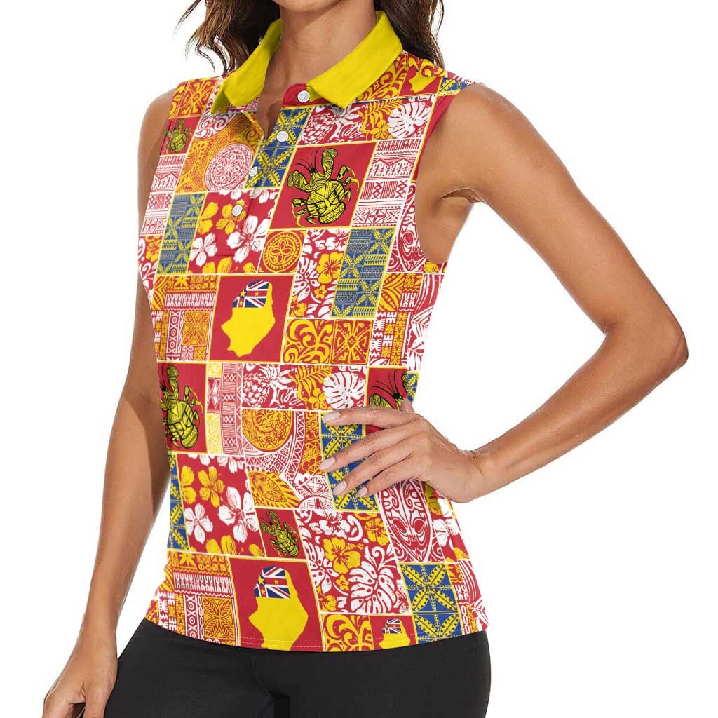 Niue Monuina e Kilisimasi Women Sleeveless Polo Shirt Pacific Patchwork Xmas Vibes LT9 - Polynesian Pride
