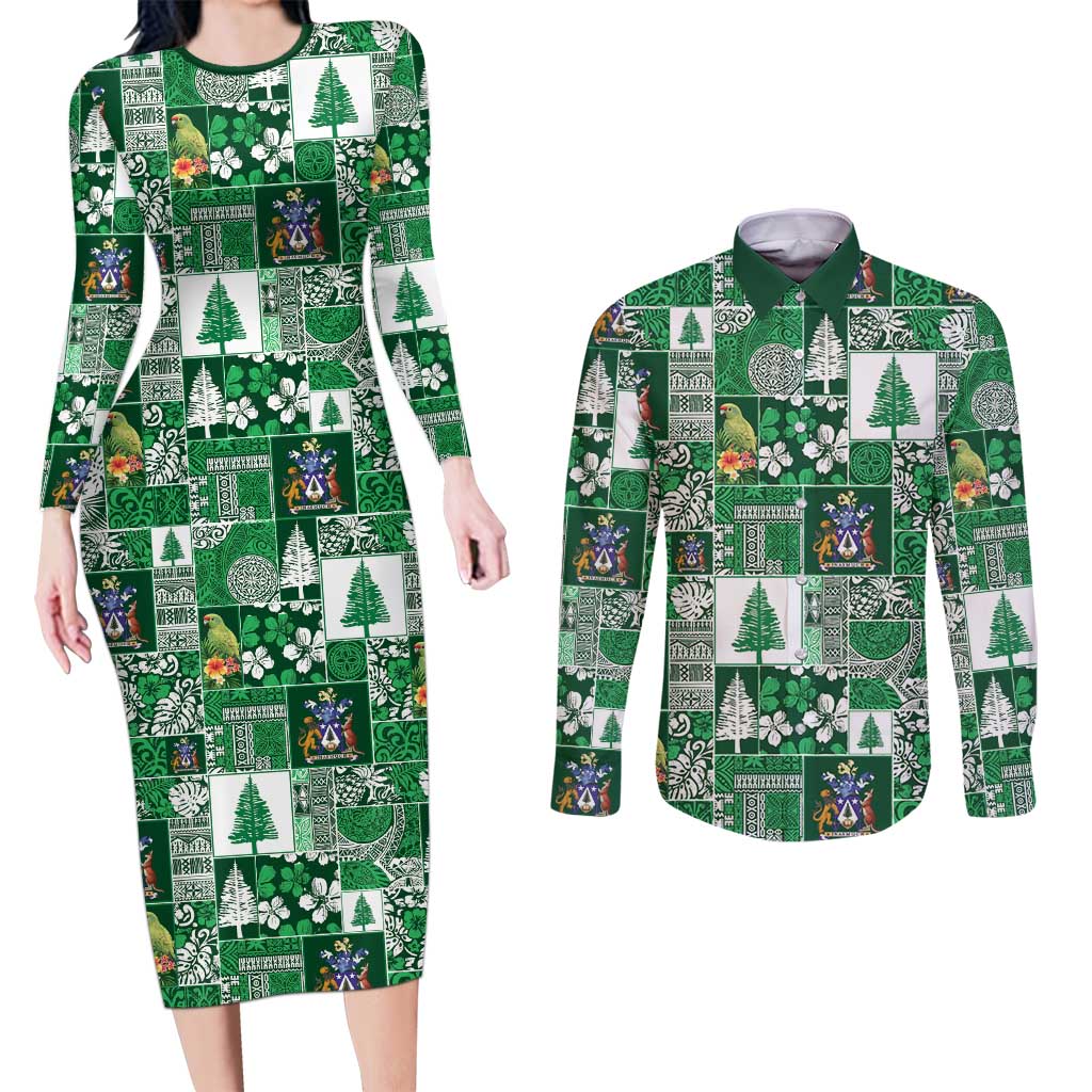 Norfolk Island Meri Krismas Couples Matching Long Sleeve Bodycon Dress and Long Sleeve Button Shirt Pacific Patchwork Xmas Vibes LT9 Green - Polynesian Pride