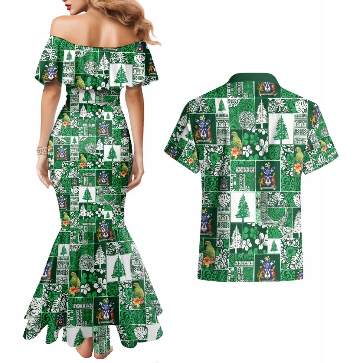 Norfolk Island Meri Krismas Couples Matching Mermaid Dress and Hawaiian Shirt Pacific Patchwork Xmas Vibes - Polynesian Pride