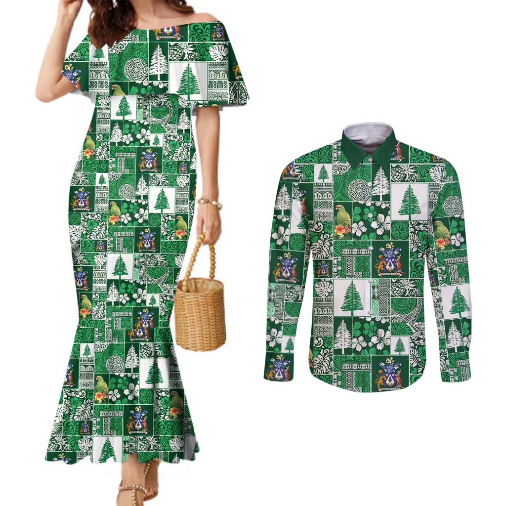 Norfolk Island Meri Krismas Couples Matching Mermaid Dress and Long Sleeve Button Shirt Pacific Patchwork Xmas Vibes LT9 Green - Polynesian Pride