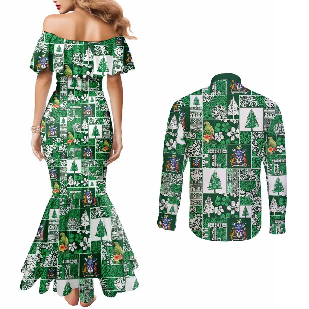 Norfolk Island Meri Krismas Couples Matching Mermaid Dress and Long Sleeve Button Shirt Pacific Patchwork Xmas Vibes LT9 - Polynesian Pride