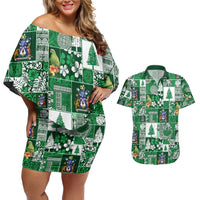 Norfolk Island Meri Krismas Couples Matching Off Shoulder Short Dress and Hawaiian Shirt Pacific Patchwork Xmas Vibes - Polynesian Pride