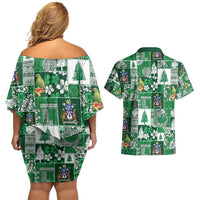 Norfolk Island Meri Krismas Couples Matching Off Shoulder Short Dress and Hawaiian Shirt Pacific Patchwork Xmas Vibes - Polynesian Pride