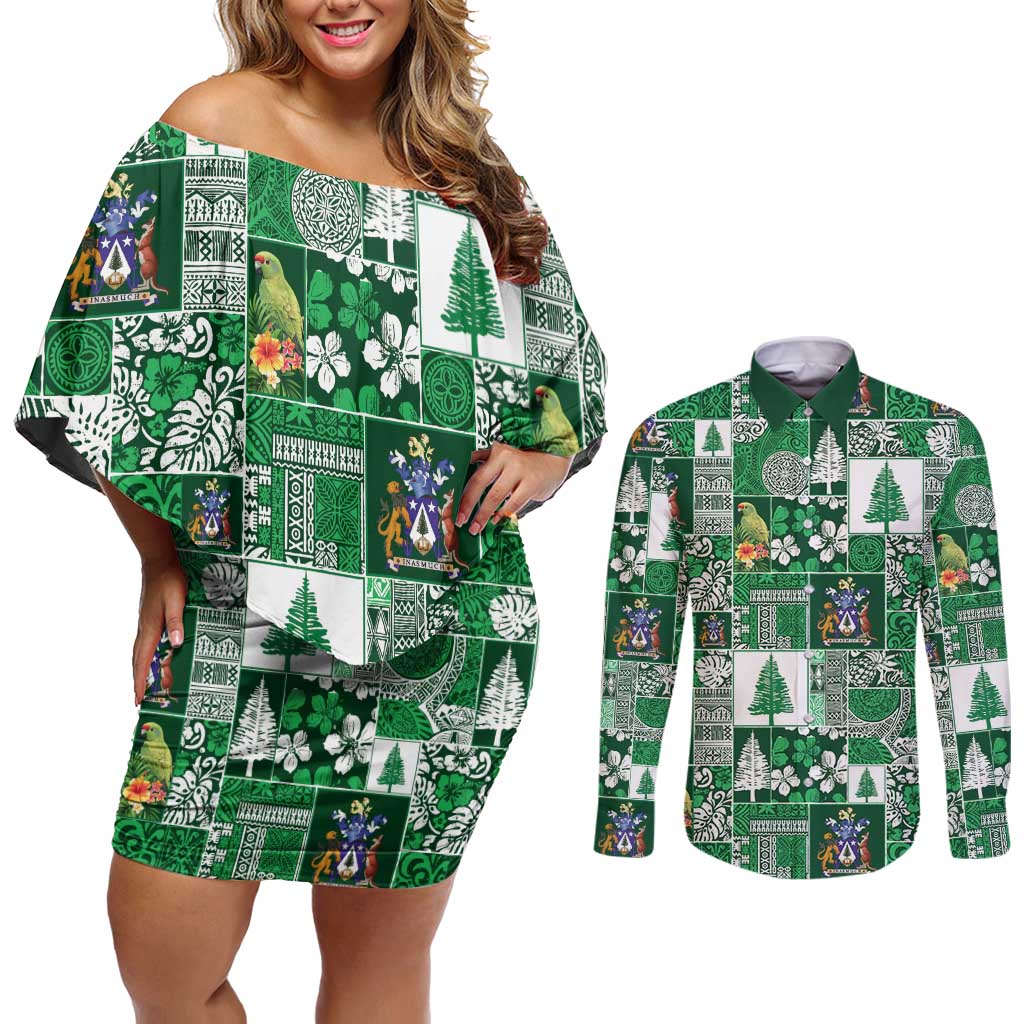 Norfolk Island Meri Krismas Couples Matching Off Shoulder Short Dress and Long Sleeve Button Shirt Pacific Patchwork Xmas Vibes LT9 Green - Polynesian Pride
