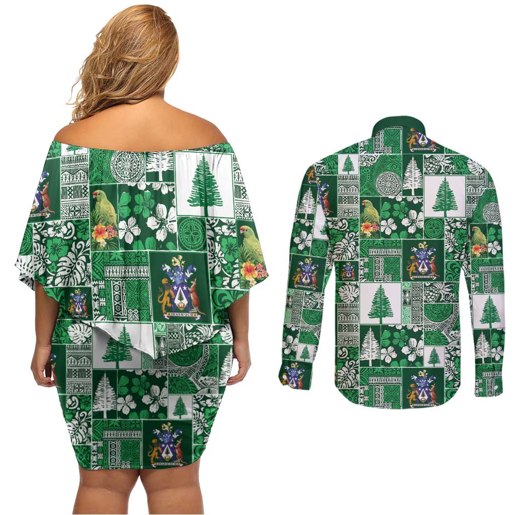 Norfolk Island Meri Krismas Couples Matching Off Shoulder Short Dress and Long Sleeve Button Shirt Pacific Patchwork Xmas Vibes LT9 - Polynesian Pride