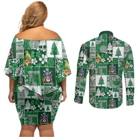 Norfolk Island Meri Krismas Couples Matching Off Shoulder Short Dress and Long Sleeve Button Shirt Pacific Patchwork Xmas Vibes LT9 - Polynesian Pride