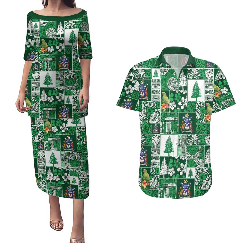 Norfolk Island Meri Krismas Couples Matching Puletasi and Hawaiian Shirt Pacific Patchwork Xmas Vibes LT9 Green - Polynesian Pride