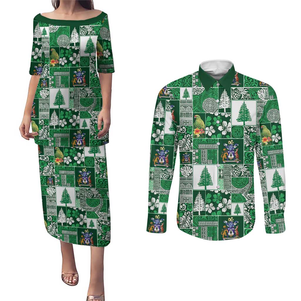 Norfolk Island Meri Krismas Couples Matching Puletasi and Long Sleeve Button Shirt Pacific Patchwork Xmas Vibes LT9 Green - Polynesian Pride