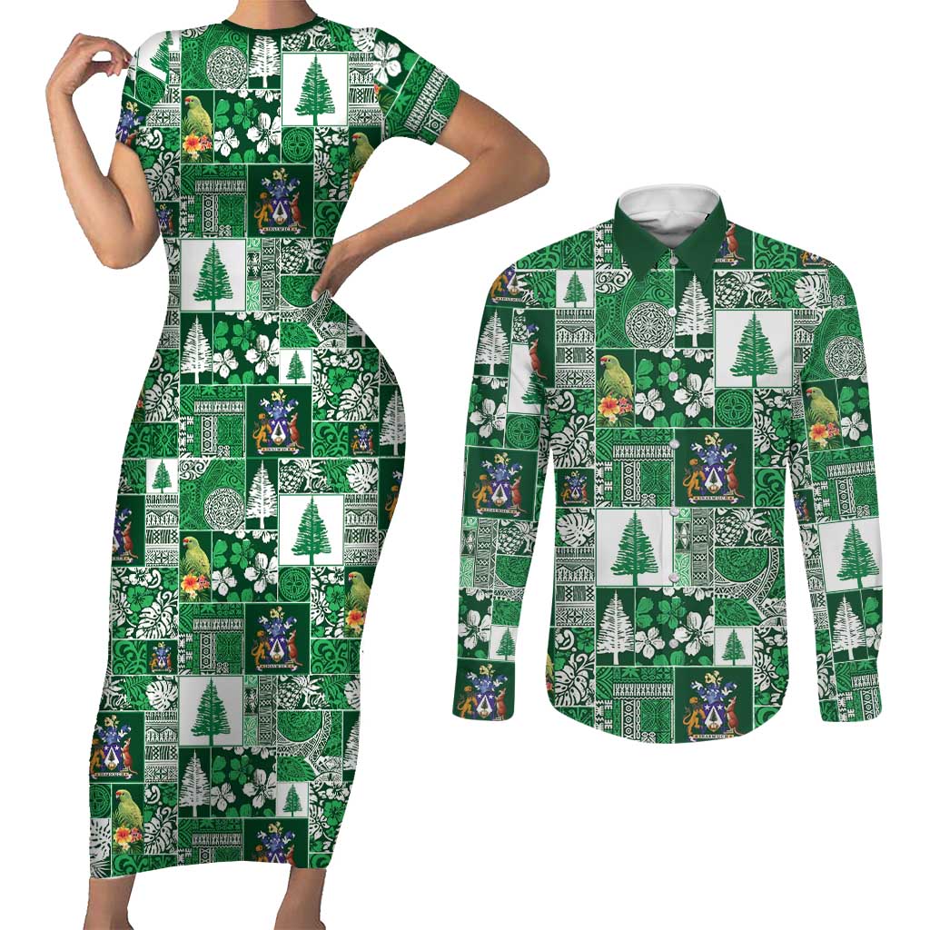 Norfolk Island Meri Krismas Couples Matching Short Sleeve Bodycon Dress and Long Sleeve Button Shirt Pacific Patchwork Xmas Vibes LT9 Green - Polynesian Pride