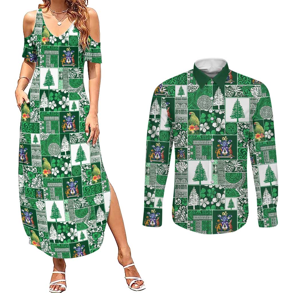 Norfolk Island Meri Krismas Couples Matching Summer Maxi Dress and Long Sleeve Button Shirt Pacific Patchwork Xmas Vibes LT9 Green - Polynesian Pride