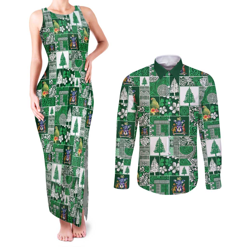 Norfolk Island Meri Krismas Couples Matching Tank Maxi Dress and Long Sleeve Button Shirt Pacific Patchwork Xmas Vibes LT9 Green - Polynesian Pride