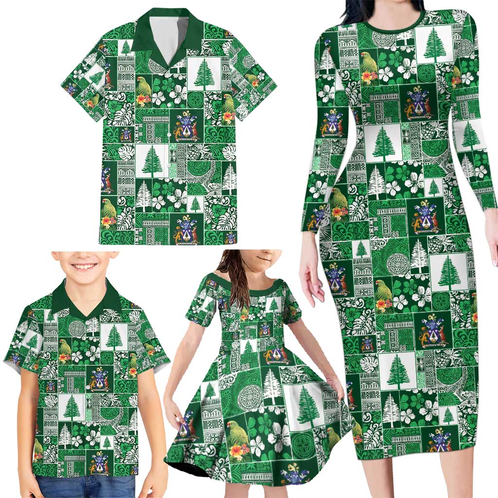 Norfolk Island Meri Krismas Family Matching Long Sleeve Bodycon Dress and Hawaiian Shirt Pacific Patchwork Xmas Vibes - Polynesian Pride