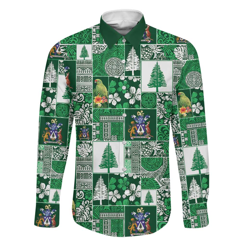 Norfolk Island Meri Krismas Family Matching Puletasi and Hawaiian Shirt Pacific Patchwork Xmas Vibes LT9 Dad's Shirt - Long Sleeve Green - Polynesian Pride