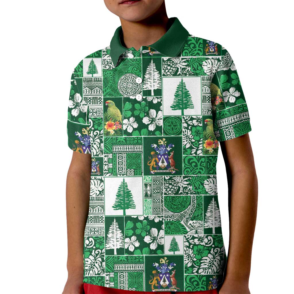 Norfolk Island Meri Krismas Kid Polo Shirt Pacific Patchwork Xmas Vibes LT9 Kid Green - Polynesian Pride