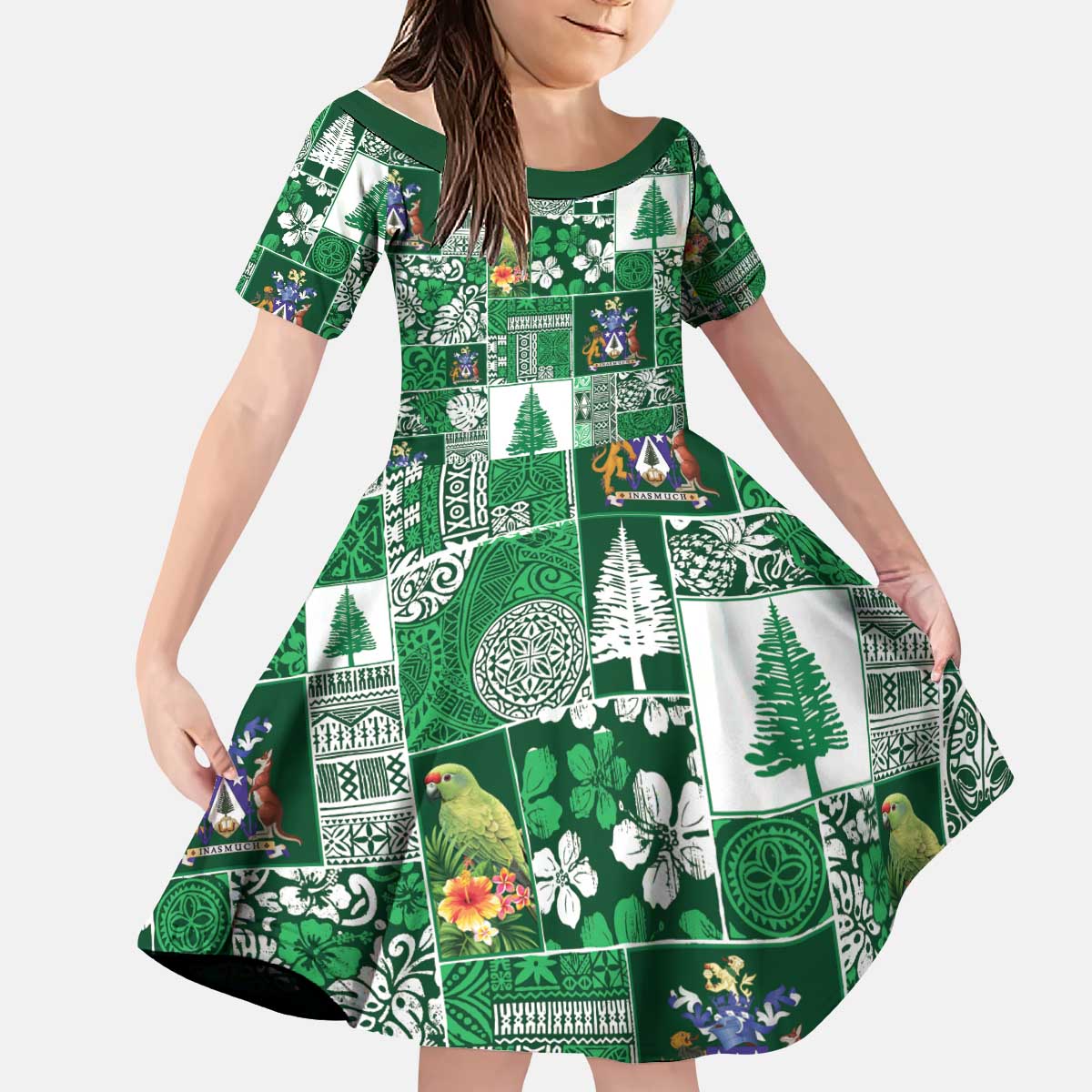 Norfolk Island Meri Krismas Kid Short Sleeve Dress Pacific Patchwork Xmas Vibes LT9 KID Green - Polynesian Pride