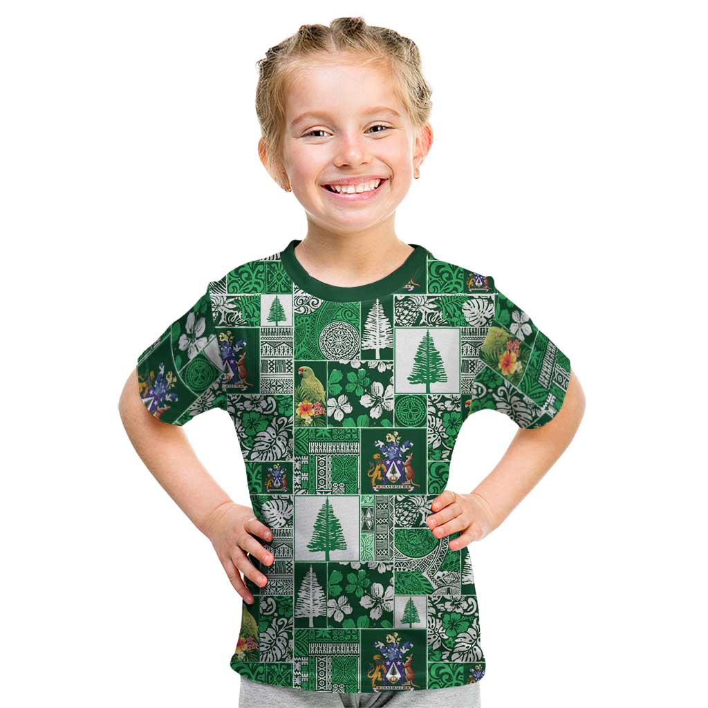 Norfolk Island Meri Krismas Kid T Shirt Pacific Patchwork Xmas Vibes LT9 Green - Polynesian Pride
