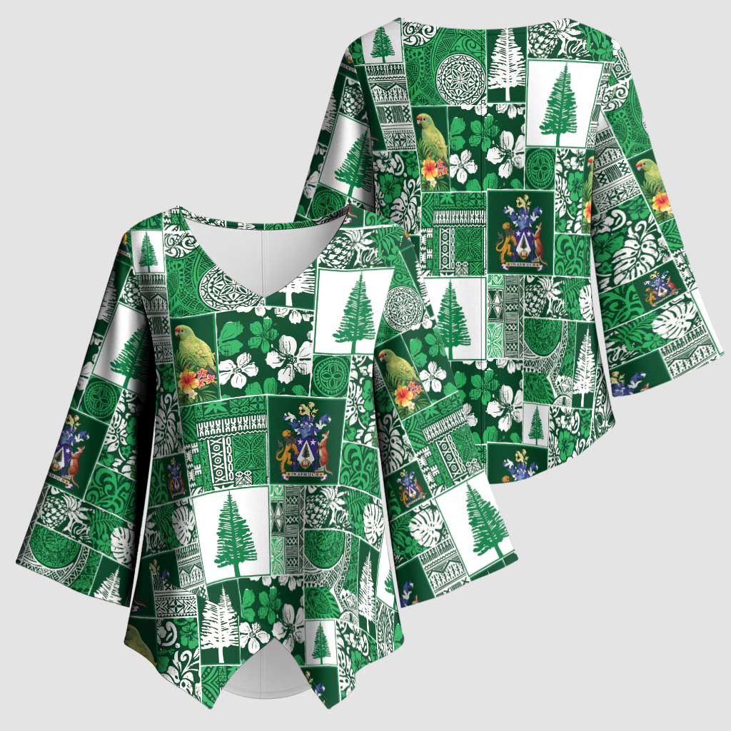 Norfolk Island Meri Krismas Kimono Sleeve Blouse Pacific Patchwork Xmas Vibes - Polynesian Pride