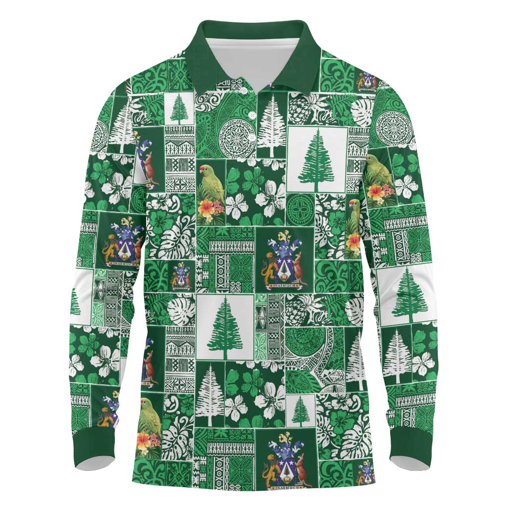 Norfolk Island Meri Krismas Long Sleeve Polo Shirt Pacific Patchwork Xmas Vibes LT9 Green - Polynesian Pride