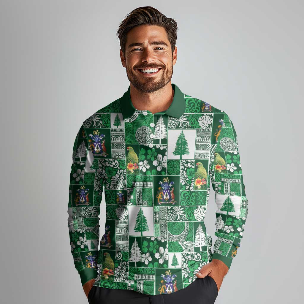 Norfolk Island Meri Krismas Long Sleeve Polo Shirt Pacific Patchwork Xmas Vibes LT9 - Polynesian Pride