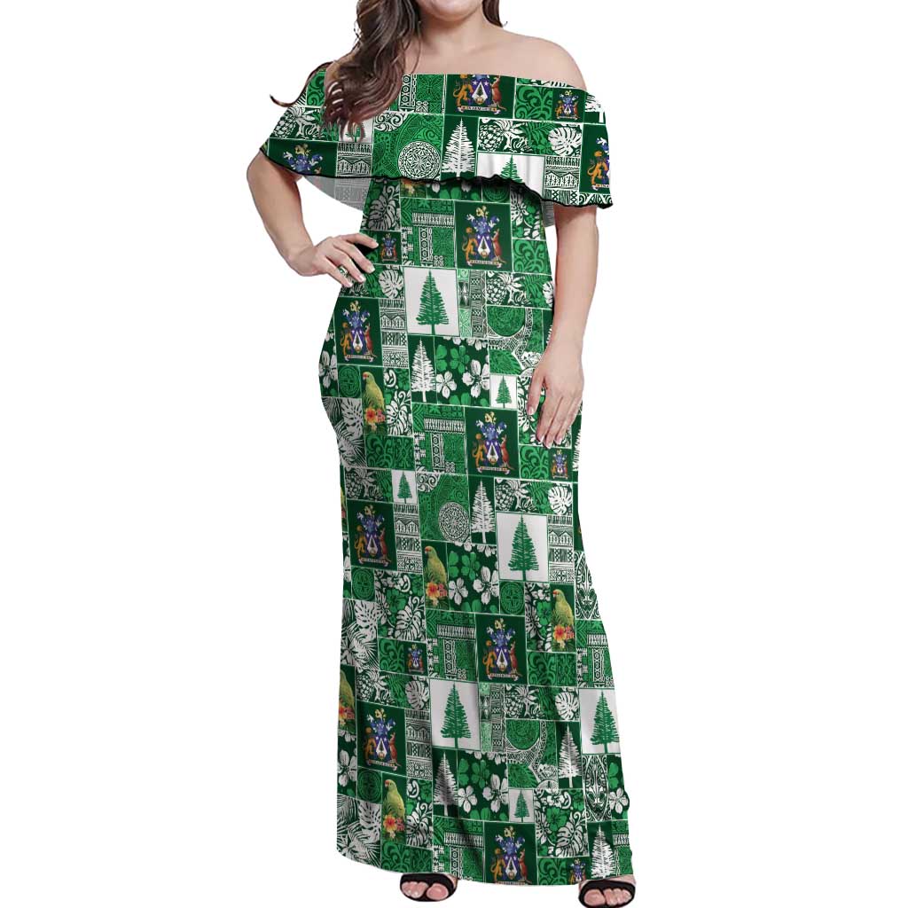 Norfolk Island Meri Krismas Off Shoulder Maxi Dress Pacific Patchwork Xmas Vibes LT9 Women Green - Polynesian Pride