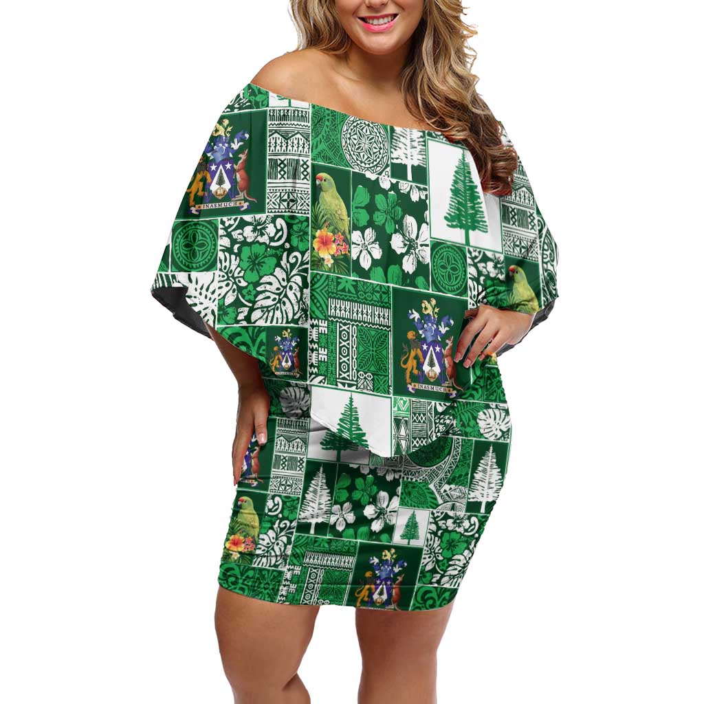 Norfolk Island Meri Krismas Off Shoulder Short Dress Pacific Patchwork Xmas Vibes LT9 Women Green - Polynesian Pride