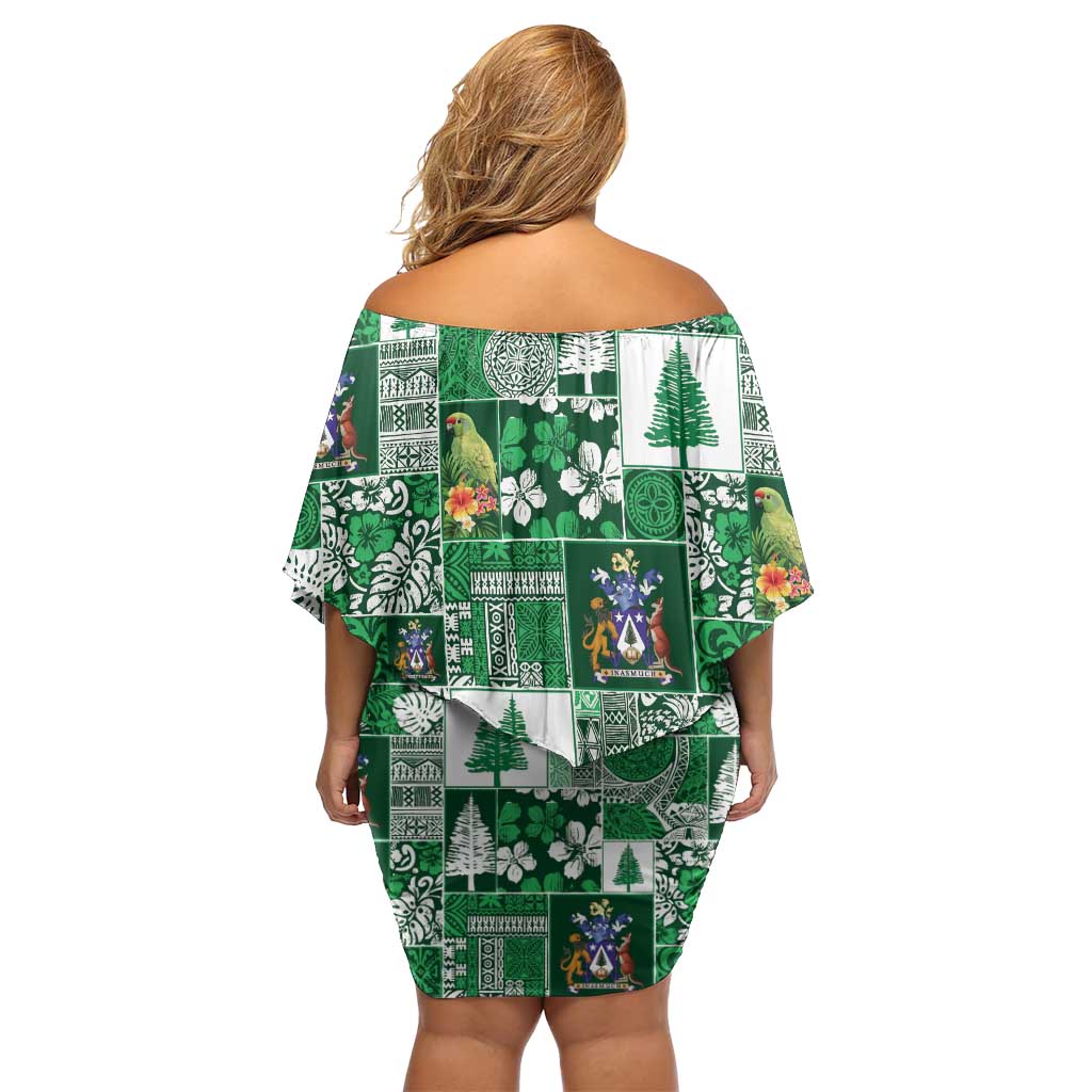 Norfolk Island Meri Krismas Off Shoulder Short Dress Pacific Patchwork Xmas Vibes LT9 - Polynesian Pride
