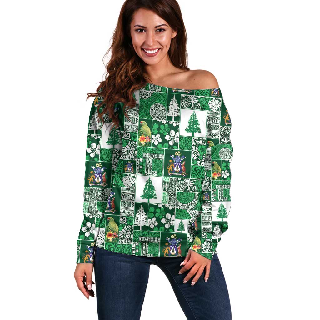 Norfolk Island Meri Krismas Off Shoulder Sweater Pacific Patchwork Xmas Vibes - Polynesian Pride