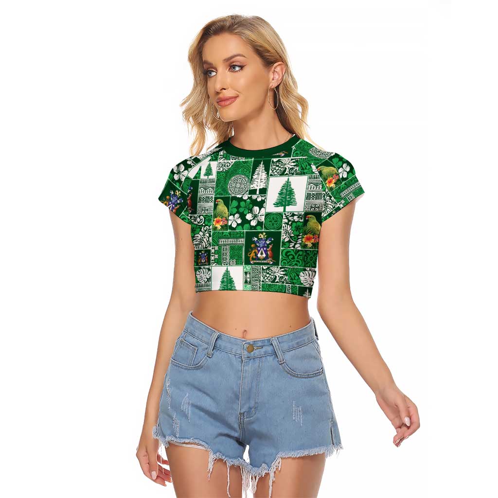 Norfolk Island Meri Krismas Raglan Cropped T Shirt Pacific Patchwork Xmas Vibes LT9 Female Green - Polynesian Pride