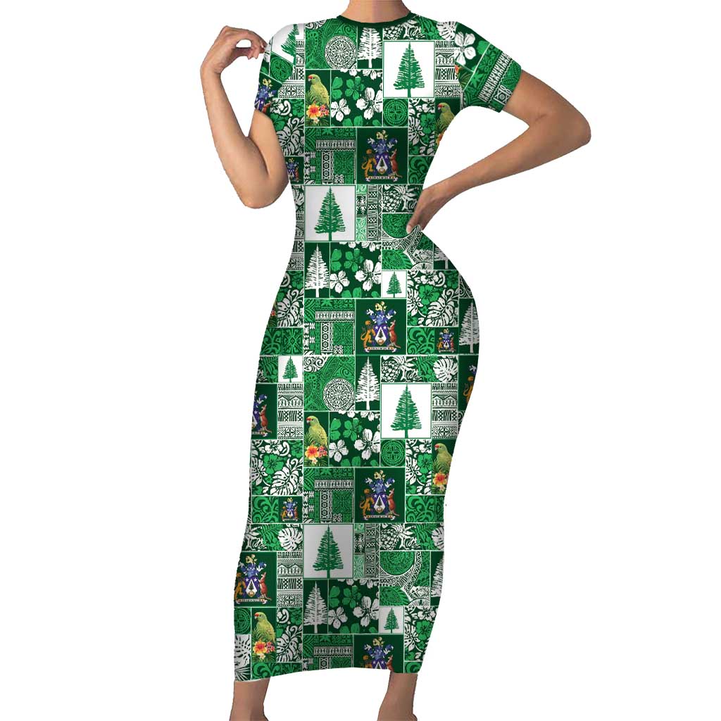 Norfolk Island Meri Krismas Short Sleeve Bodycon Dress Pacific Patchwork Xmas Vibes LT9 Long Dress Green - Polynesian Pride