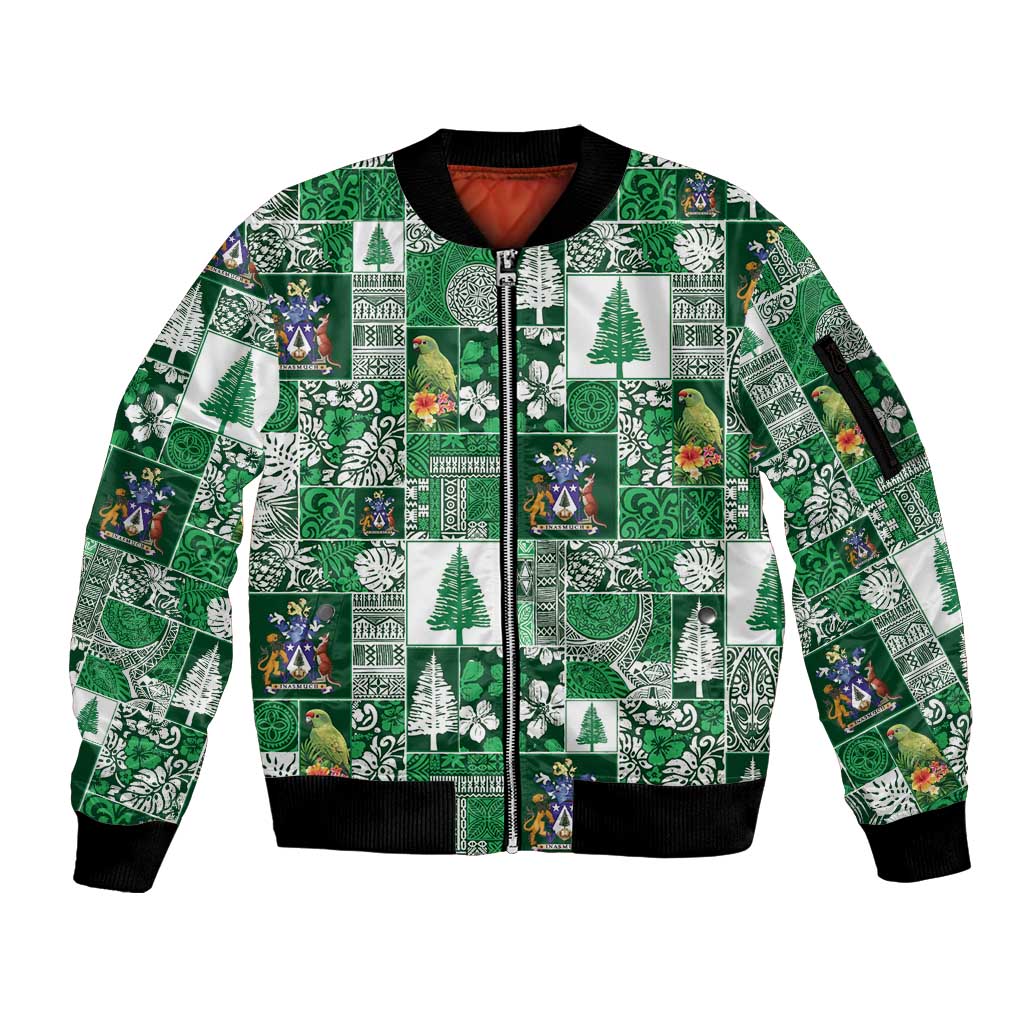 Norfolk Island Meri Krismas Sleeve Zip Bomber Jacket Pacific Patchwork Xmas Vibes LT9 Unisex Green - Polynesian Pride