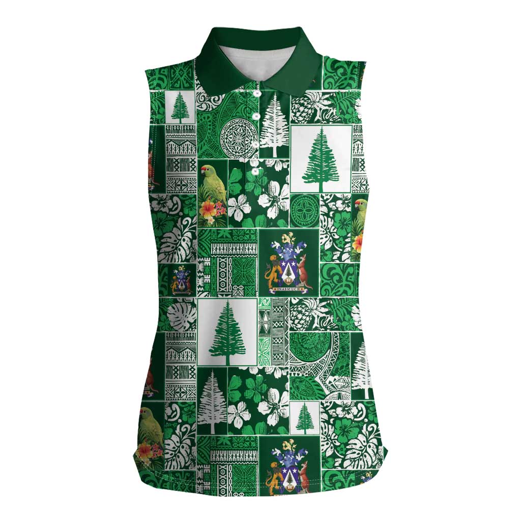 Norfolk Island Meri Krismas Women Sleeveless Polo Shirt Pacific Patchwork Xmas Vibes LT9 Female Green - Polynesian Pride