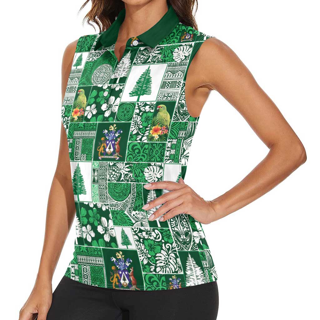 Norfolk Island Meri Krismas Women Sleeveless Polo Shirt Pacific Patchwork Xmas Vibes LT9 - Polynesian Pride
