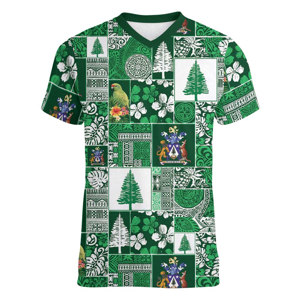 Norfolk Island Meri Krismas Women V-Neck T-Shirt Pacific Patchwork Xmas Vibes LT9 Female Green - Polynesian Pride