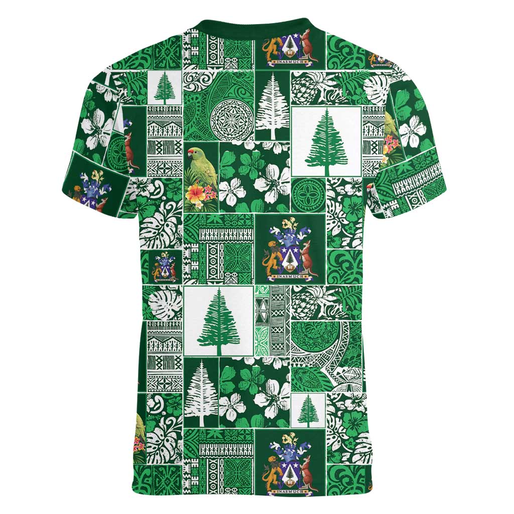 Norfolk Island Meri Krismas Women V-Neck T-Shirt Pacific Patchwork Xmas Vibes LT9 - Polynesian Pride