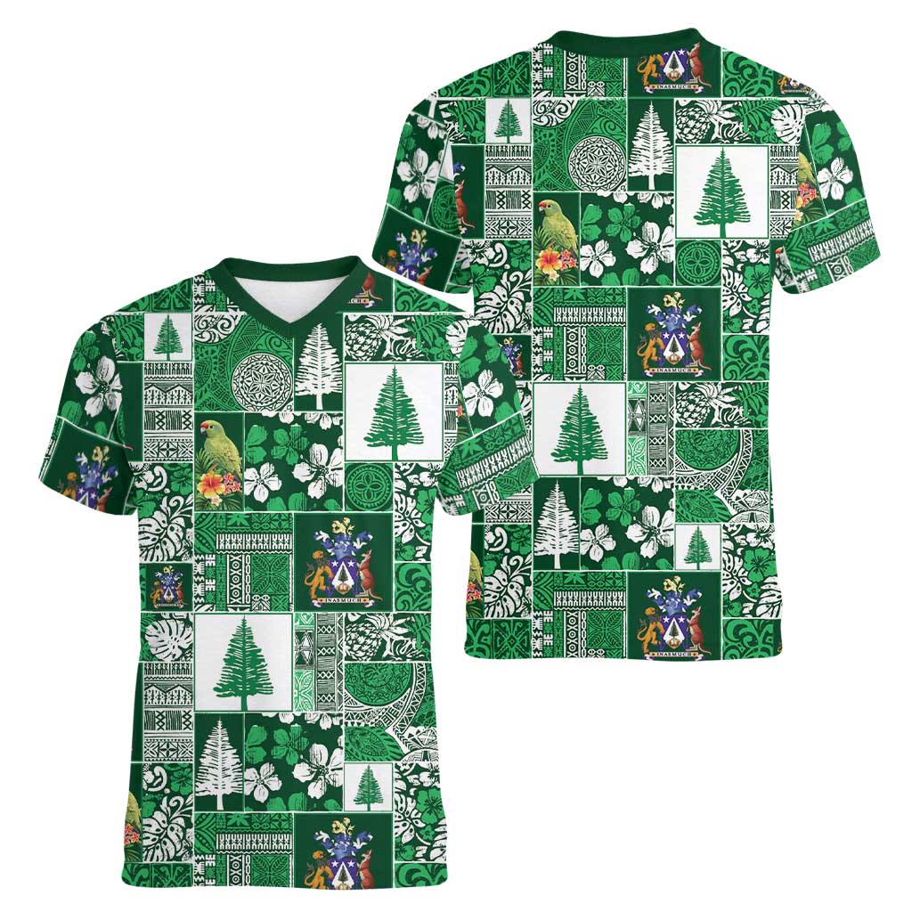 Norfolk Island Meri Krismas Women V-Neck T-Shirt Pacific Patchwork Xmas Vibes LT9 - Polynesian Pride