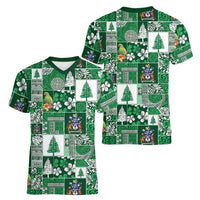 Norfolk Island Meri Krismas Women V-Neck T-Shirt Pacific Patchwork Xmas Vibes LT9 - Polynesian Pride