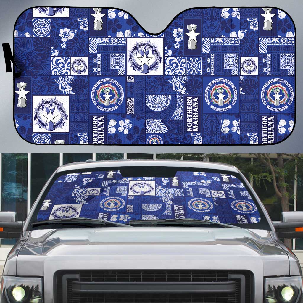 Northern Mariana Islands Magof Nochebuena Auto Sun Shade Pacific Patchwork Xmas Vibes LT9 Blue - Polynesian Pride