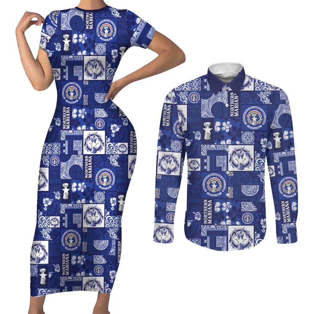 Northern Mariana Islands Magof Nochebuena Couples Matching Short Sleeve Bodycon Dress and Long Sleeve Button Shirt Pacific Patchwork Xmas Vibes - Polynesian Pride