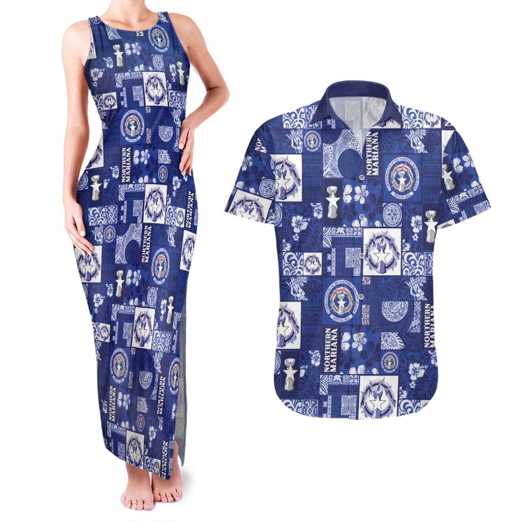 Northern Mariana Islands Magof Nochebuena Couples Matching Tank Maxi Dress and Hawaiian Shirt Pacific Patchwork Xmas Vibes - Polynesian Pride