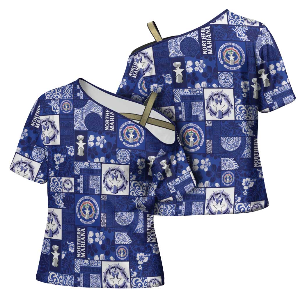 Northern Mariana Islands Magof Nochebuena Cross Shoulder Shirt Pacific Patchwork Xmas Vibes LT9 - Polynesian Pride
