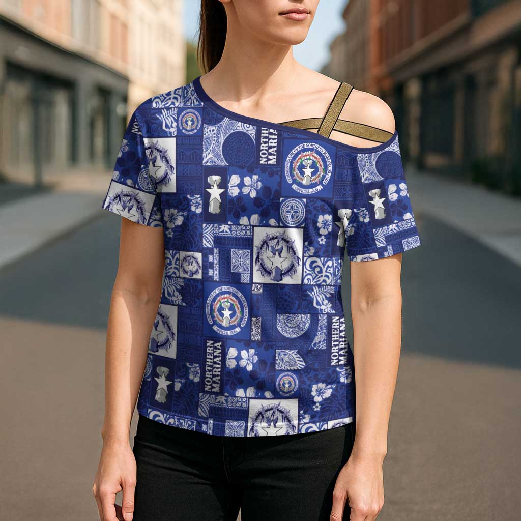 Northern Mariana Islands Magof Nochebuena Cross Shoulder Shirt Pacific Patchwork Xmas Vibes LT9 - Polynesian Pride