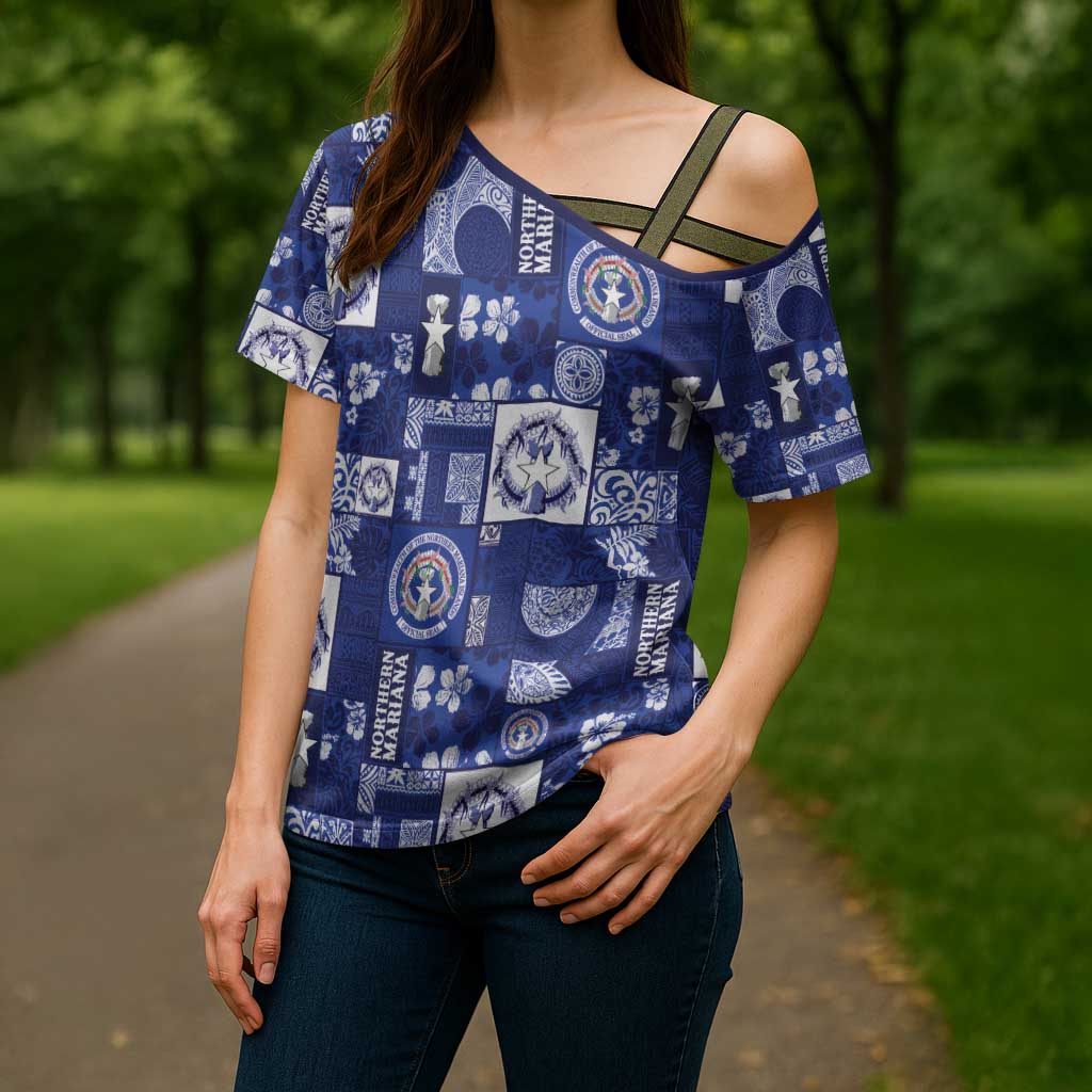 Northern Mariana Islands Magof Nochebuena Cross Shoulder Shirt Pacific Patchwork Xmas Vibes LT9 - Polynesian Pride