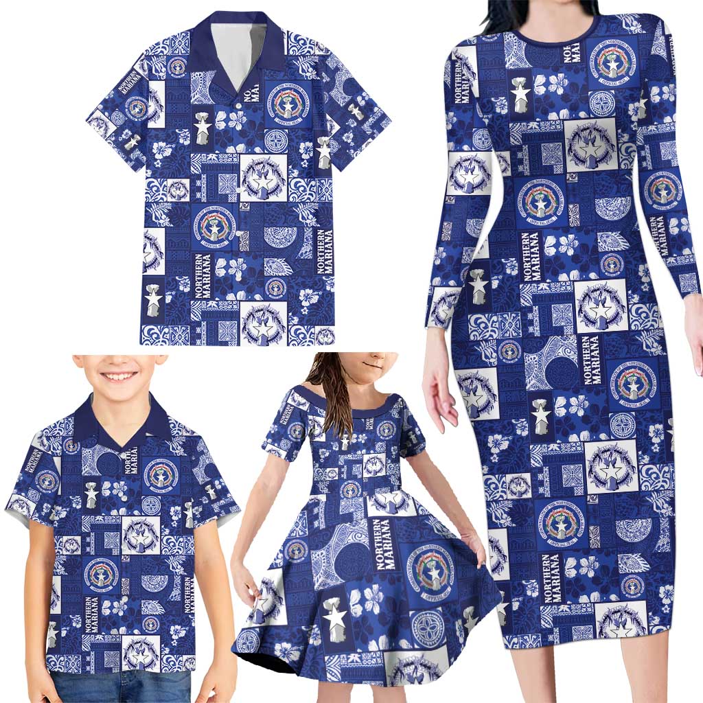 Northern Mariana Islands Magof Nochebuena Family Matching Long Sleeve Bodycon Dress and Hawaiian Shirt Pacific Patchwork Xmas Vibes - Polynesian Pride