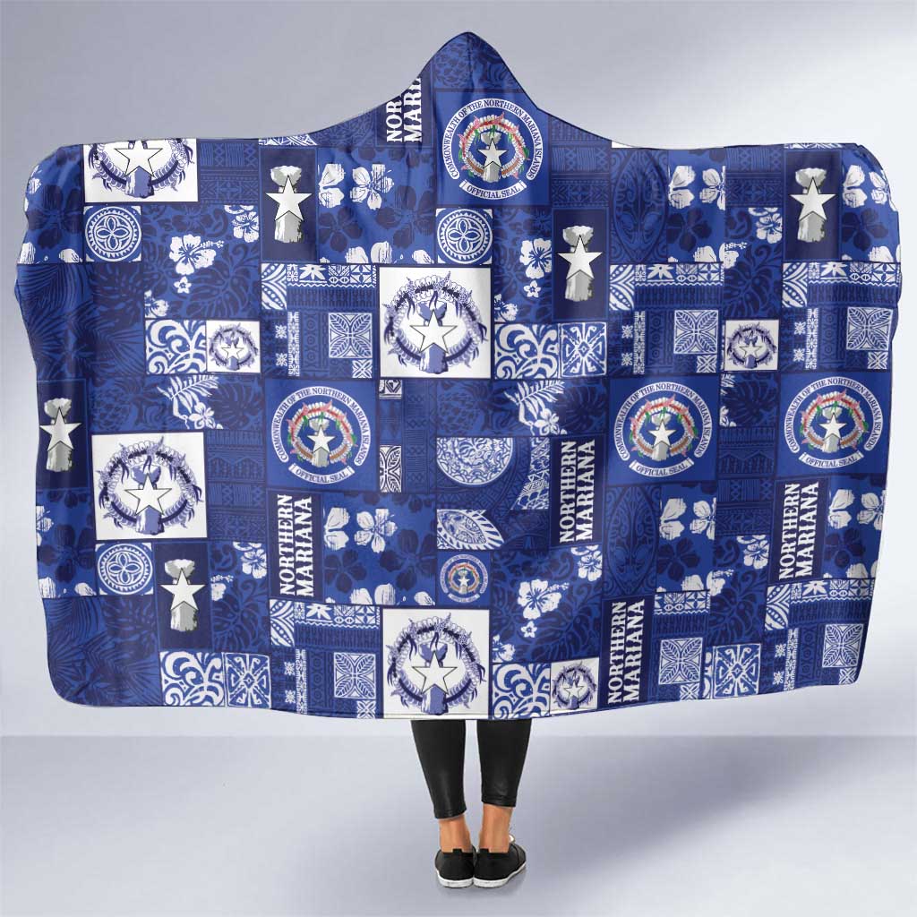 Northern Mariana Islands Magof Nochebuena Hooded Blanket Pacific Patchwork Xmas Vibes LT9 One Size Blue - Polynesian Pride